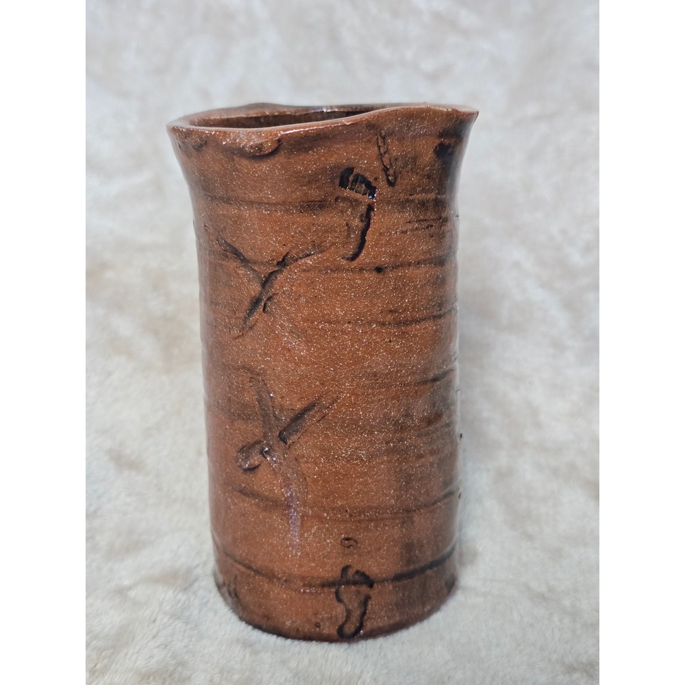 Studio Pottery Rustic Brown Glazed Vase Footprint Incised Earthy Stoneware 5.5"